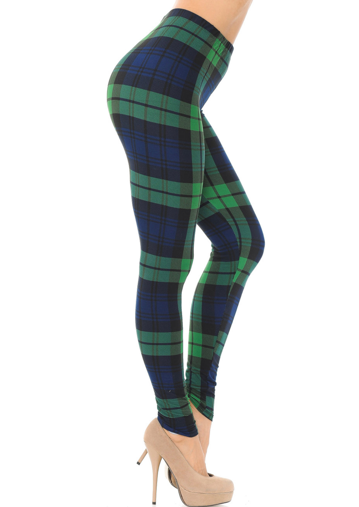 Butter Soft Plaid Green Leggings With Yoga Waist - Reg. One Size