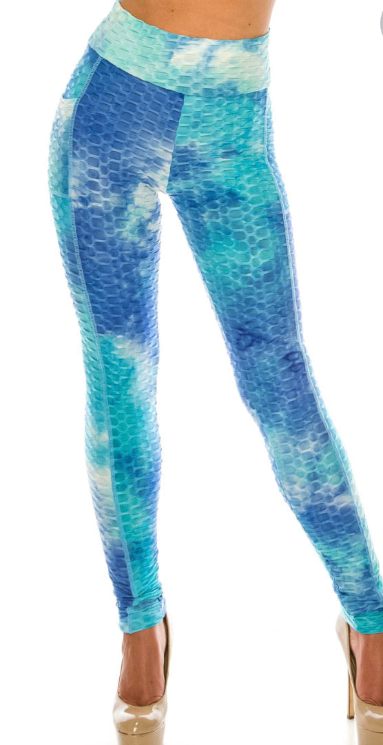 Premium Gorgeous Blue Tie Dye Scrunch Butt Leggings With Side Pockets - Large/XL