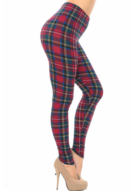 Buttery Soft Burgundy Modish Plaid Leggings - Reg. One Size