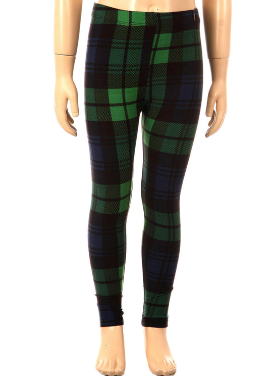 Kid’s Buttery Soft Green Plaid Leggings - L/XL