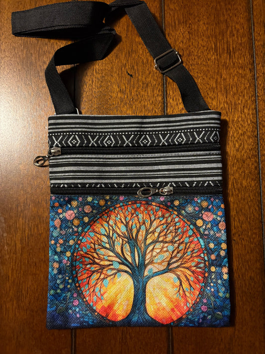 Adjustable Polyester Colorful Tree of Life Print Zippered Crossbody Bag