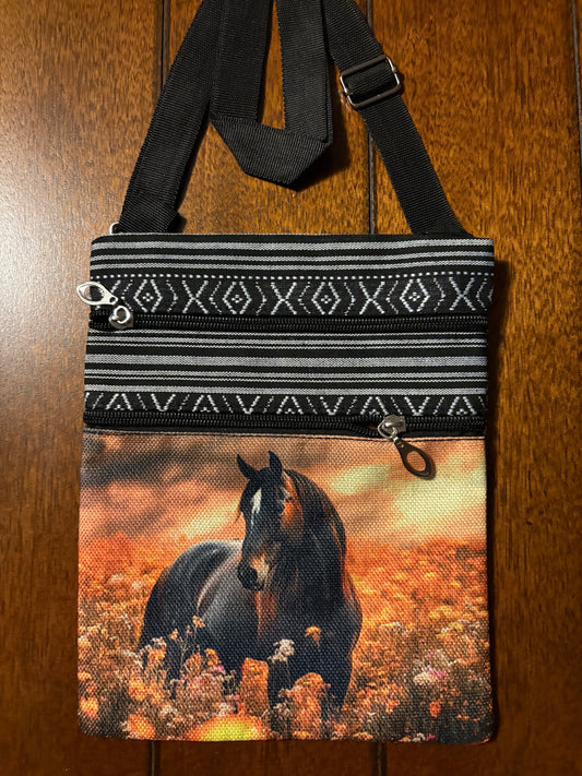 Adjustable Polyester Horse Print Zippered Crossbody Bag