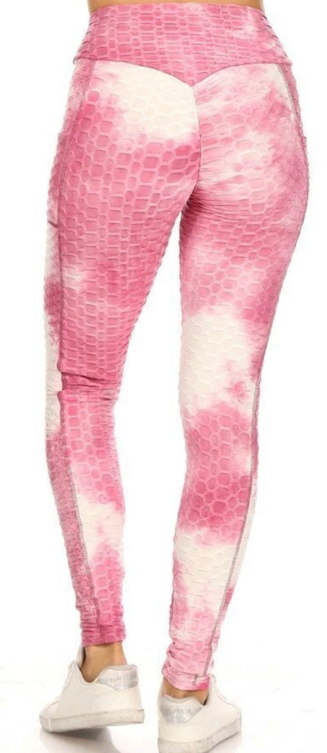 Premium Mauve Tie Dye Scrunch Butt Leggings With Side Pockets - Large/XL