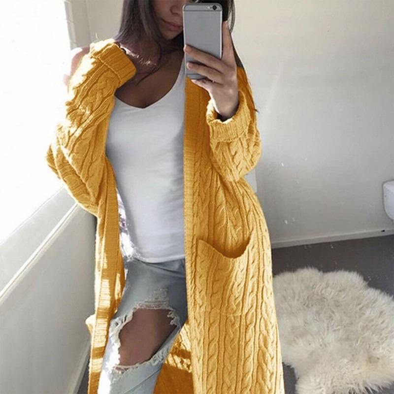 Long Cozy Knitted Cardigan - Yellow (Gold) - Shear Xcitement Boutique