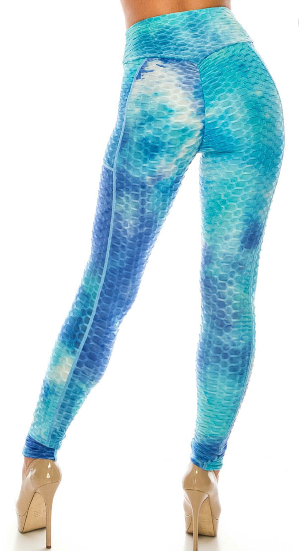 Premium Gorgeous Blue Tie Dye Scrunch Butt Leggings With Side Pockets - Small/Medium