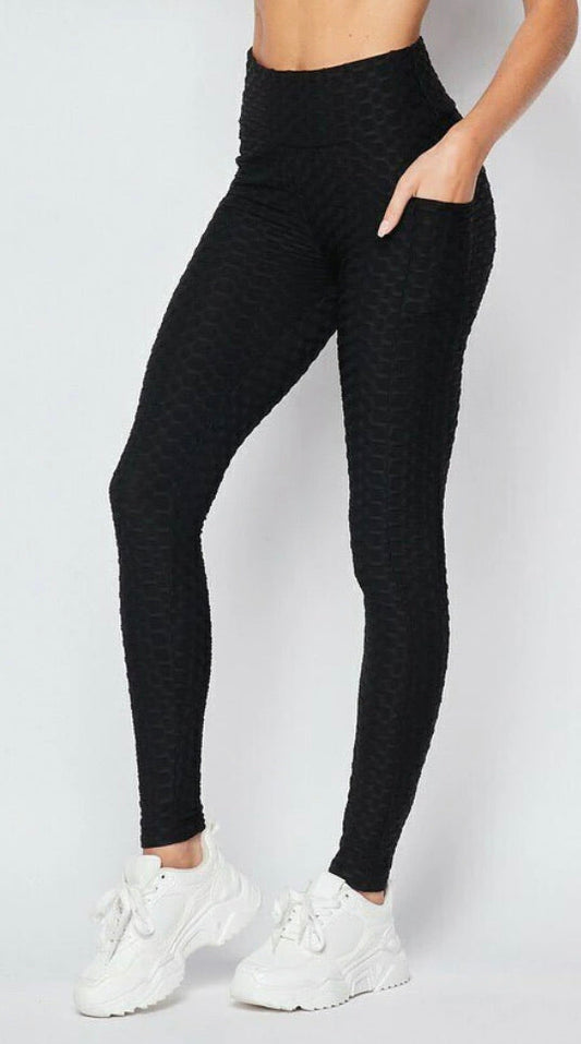 Solid Black Butt Scrunch Leggings With Side Pockets - Large/XL