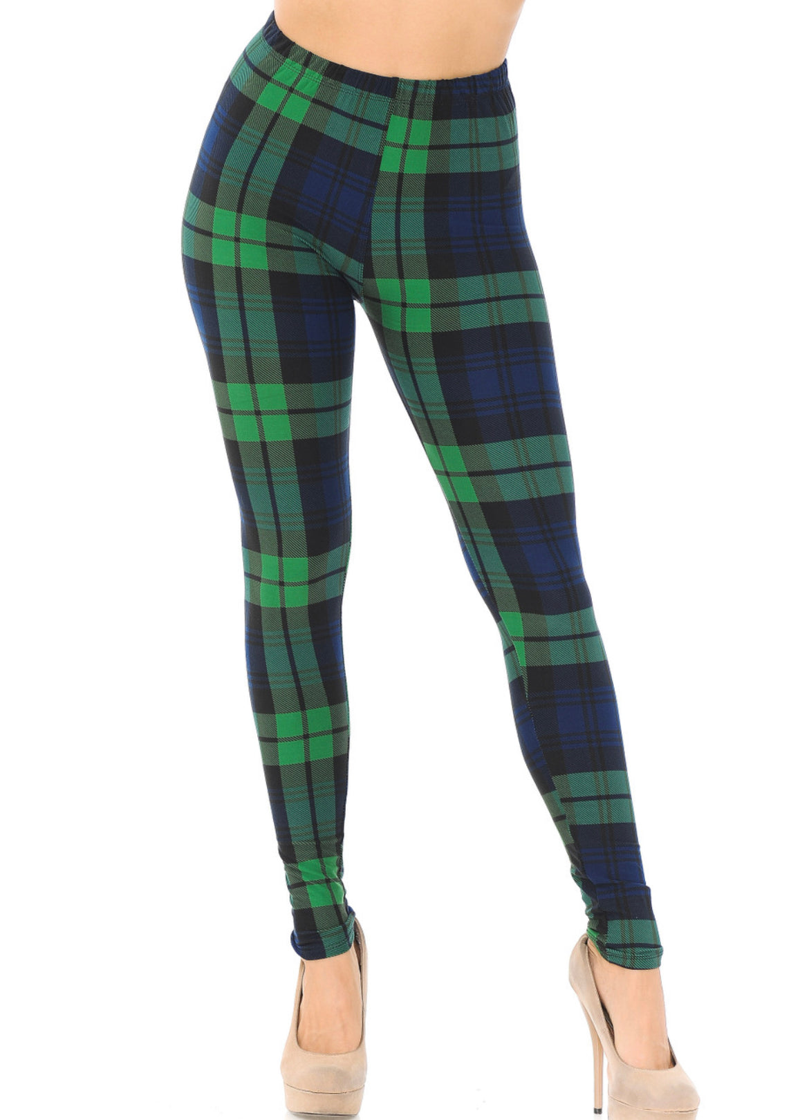 Butter Soft Plaid Green Leggings With Yoga Waist - Reg. One Size