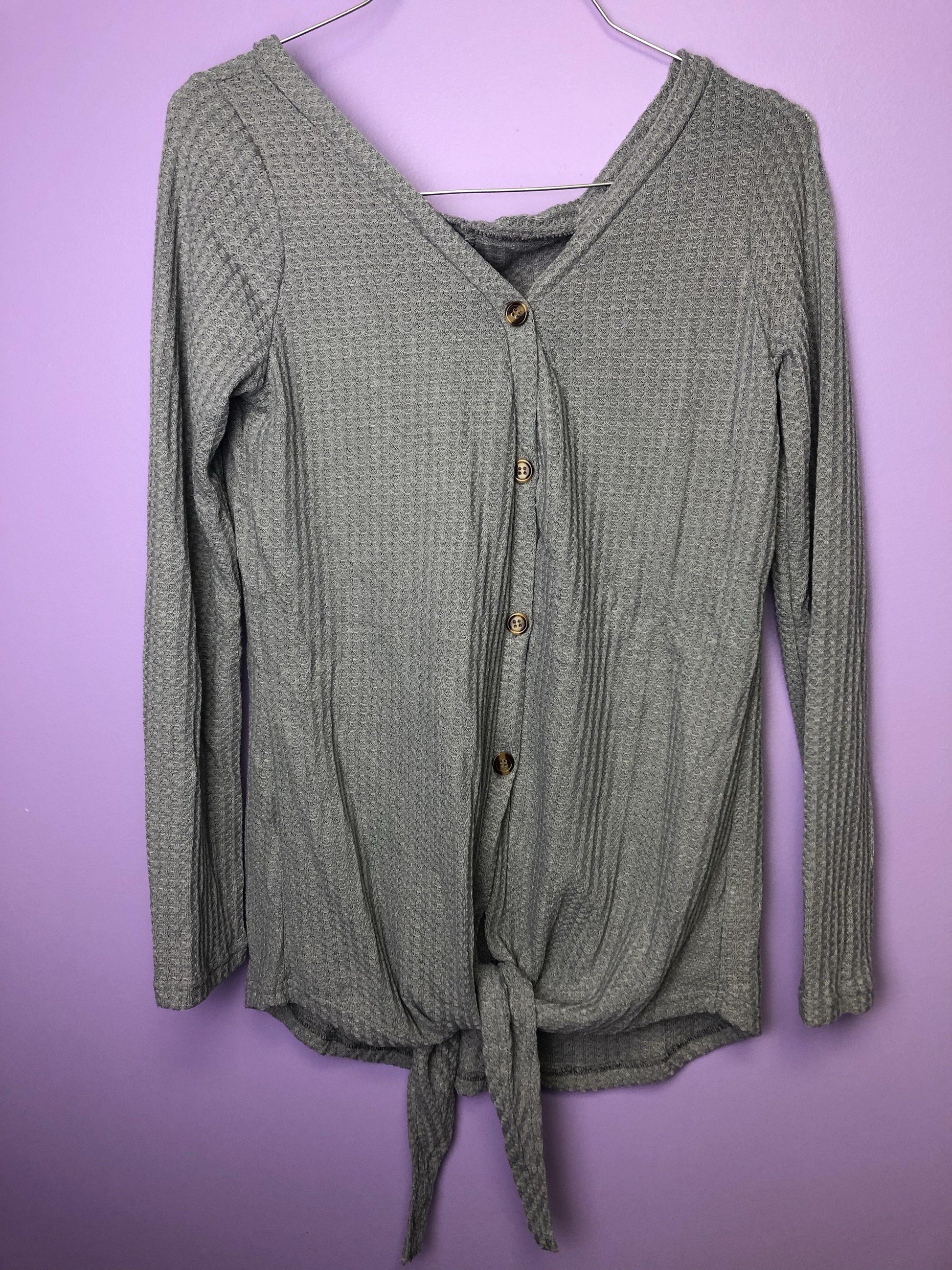 Grey Button Down Waffle Style Sweater With Tie Front - Shear Xcitement Boutique