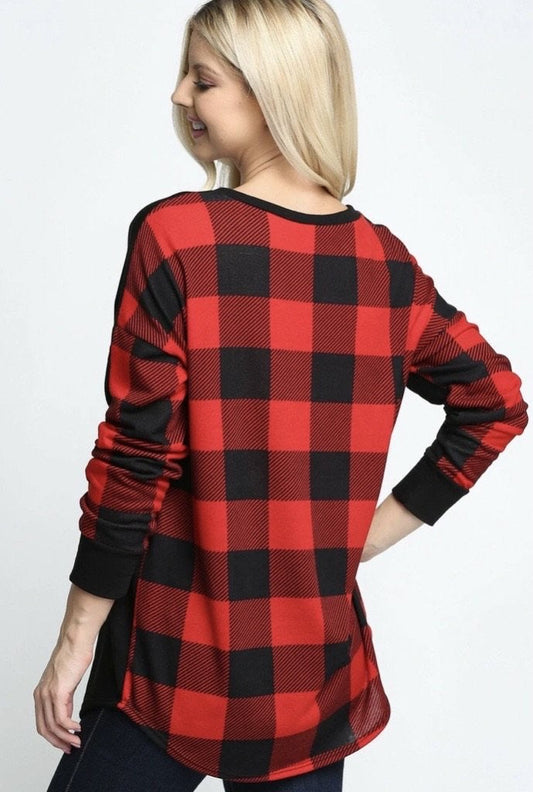 Long Sleeve Plaid Contrast Top With Front Pocket - Red - Small